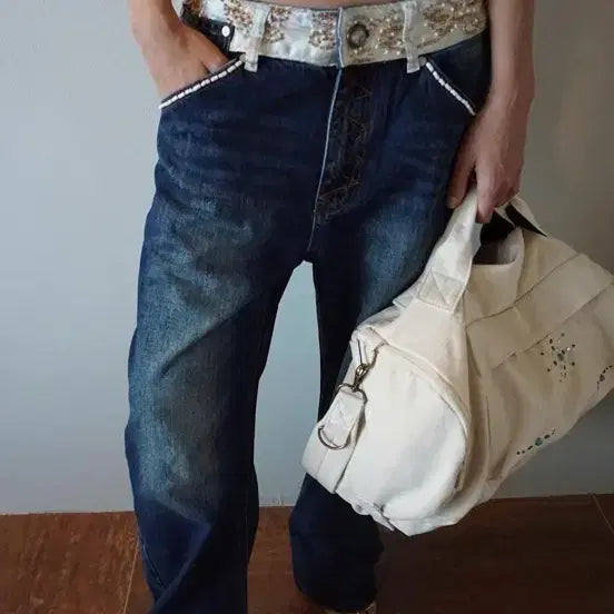 [BUNJANG] Sculptor Beaded Denim Pants Indigo Blue M / 스컬프터 Sculptor 비즈 데님 팬츠 (인디고 블루) M