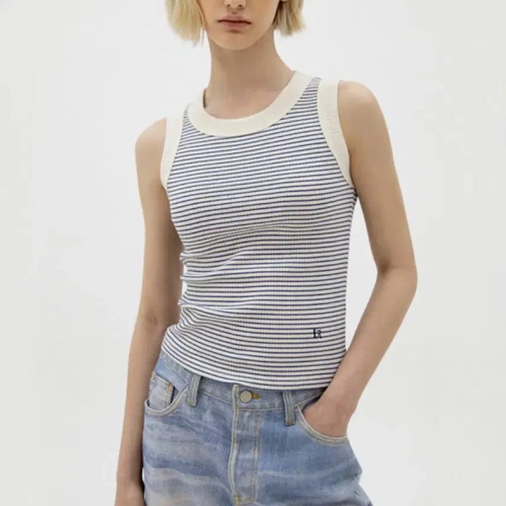 [BUNJANG] Rebar Stripe Ribbed Sleeveless T-shirt / 르바 스트라이프 립 민소매 티셔츠