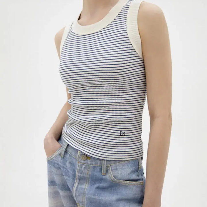 [BUNJANG] Rebar Stripe Ribbed Sleeveless T-shirt / 르바 스트라이프 립 민소매 티셔츠