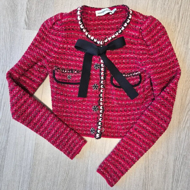 [BUNJANG] Self-Portrait Tweed Ribbon Cropped Jacket Cardigan / 셀프포트레이트 트위드 리본 크롭 자켓 가디건
