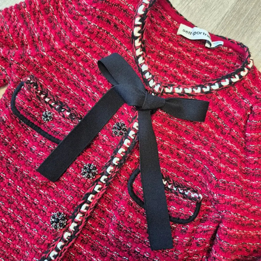 [BUNJANG] Self-Portrait Tweed Ribbon Cropped Jacket Cardigan / 셀프포트레이트 트위드 리본 크롭 자켓 가디건
