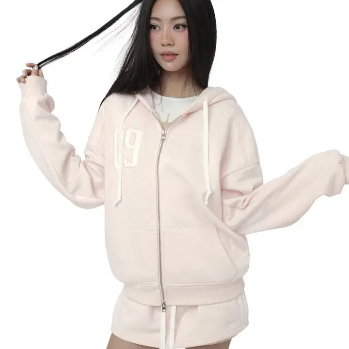 [BUNJANG] Clichier Numbering Pink Hoodie Zip-up / 클리시어 09 넘버링 핑크 후드집업 텍o