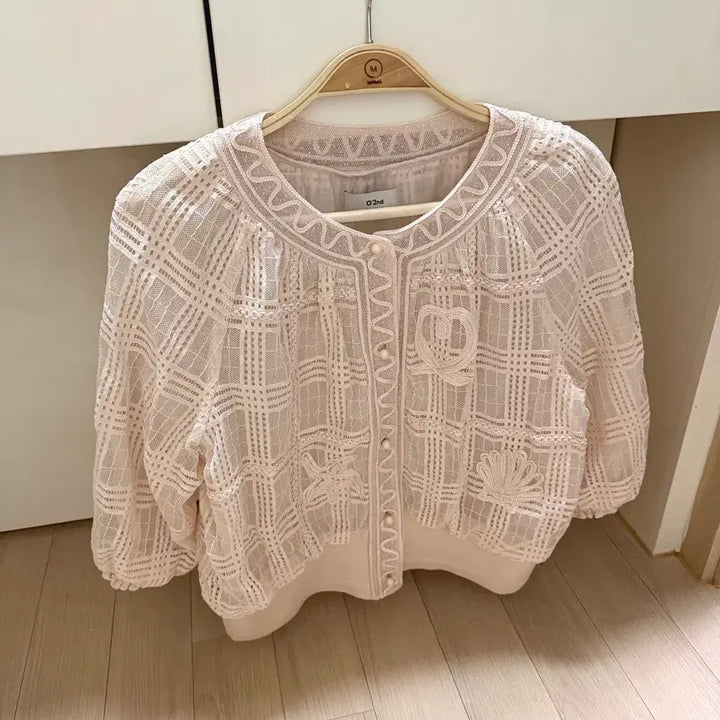 [BUNJANG] Ozsececon Lace Check Jumper Pink See-through Embroidery Blouson / 21년 한섬 오즈세컨 레이스 체크 점퍼 핑크 시스루 자수블루종7부8부프릴