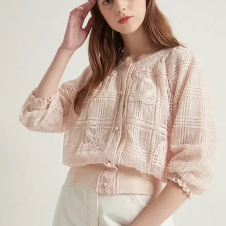 [BUNJANG] Ozsececon Lace Check Jumper Pink See-through Embroidery Blouson / 21년 한섬 오즈세컨 레이스 체크 점퍼 핑크 시스루 자수블루종7부8부프릴