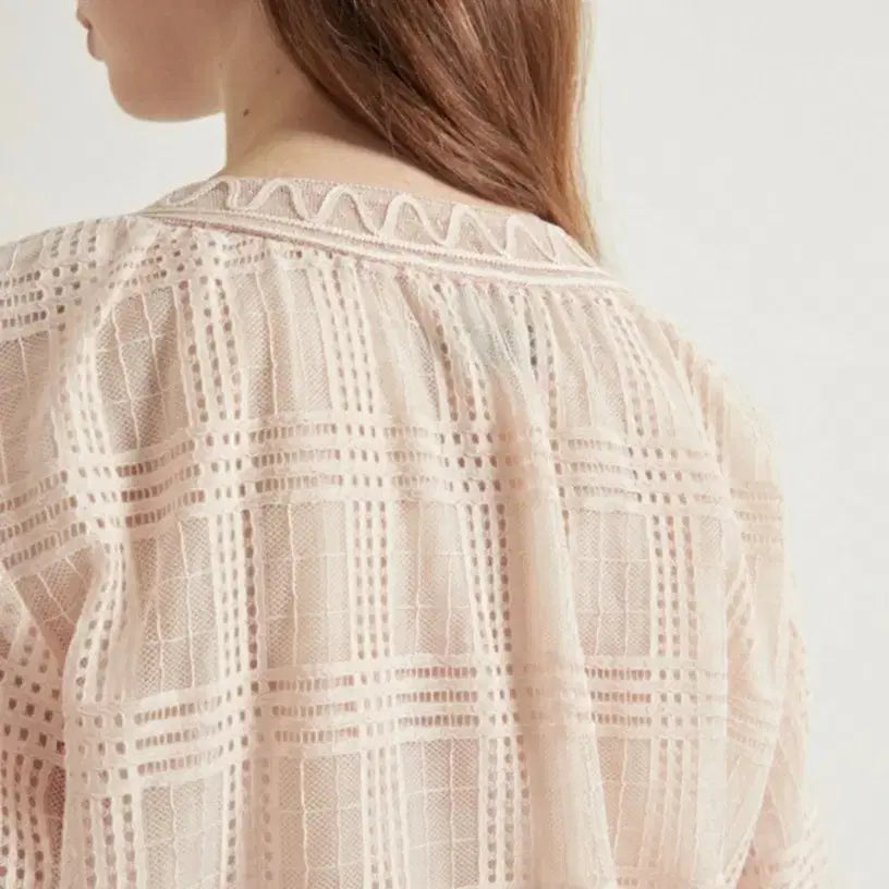 [BUNJANG] Ozsececon Lace Check Jumper Pink See-through Embroidery Blouson / 21년 한섬 오즈세컨 레이스 체크 점퍼 핑크 시스루 자수블루종7부8부프릴
