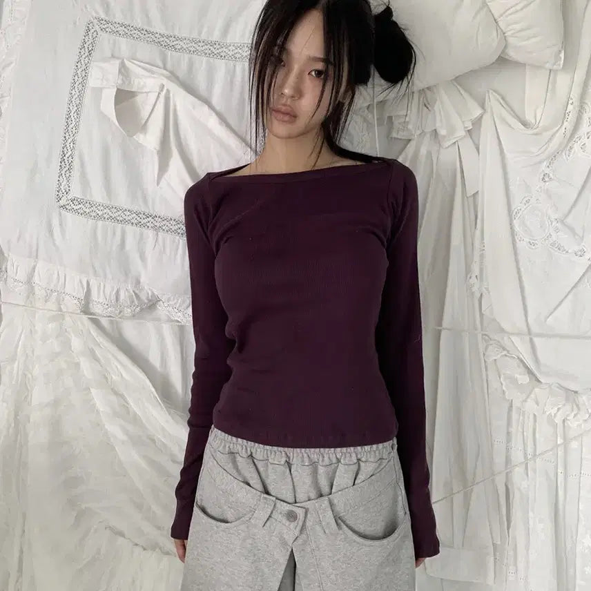 [BUNJANG] The Eiffel Ribbed Cotton Boatneck T-Shirt / 더에펠 골지 코튼 보트넥 티셔츠