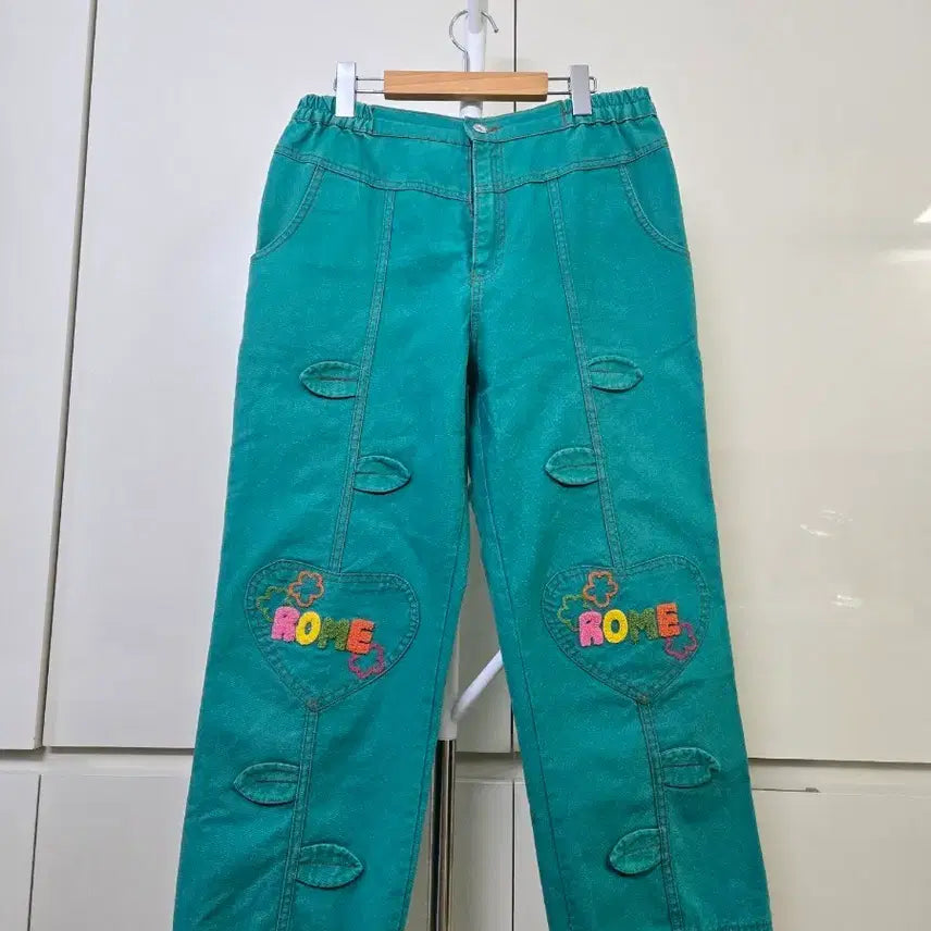 [BUNJANG] Vintage Emerald Green Denim Pants with Heart Embroidery / 빈티지 에메랄드 그린 데님 팬츠