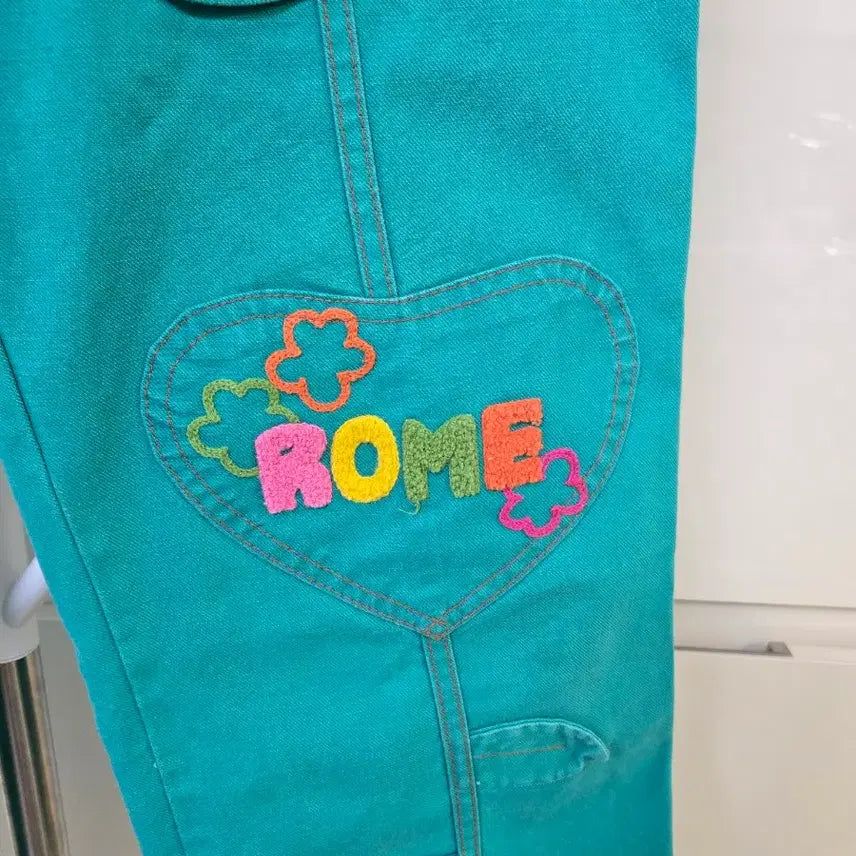 [BUNJANG] Vintage Emerald Green Denim Pants with Heart Embroidery / 빈티지 에메랄드 그린 데님 팬츠