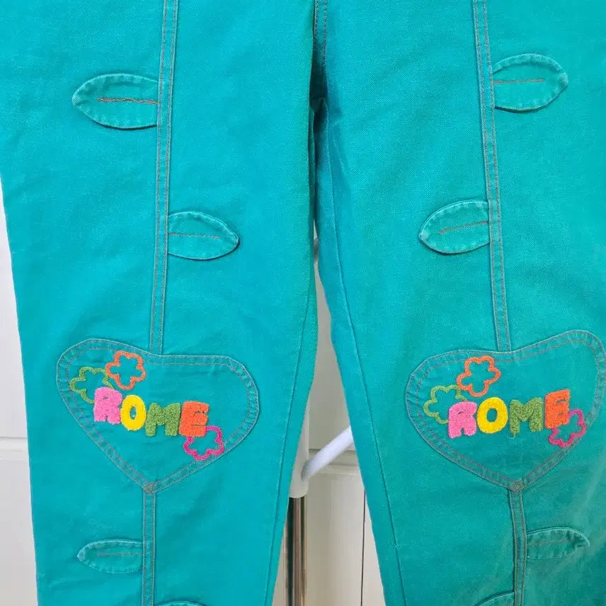[BUNJANG] Vintage Emerald Green Denim Pants with Heart Embroidery / 빈티지 에메랄드 그린 데님 팬츠