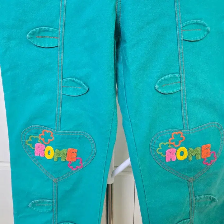 [BUNJANG] Vintage Emerald Green Denim Pants with Heart Embroidery / 빈티지 에메랄드 그린 데님 팬츠