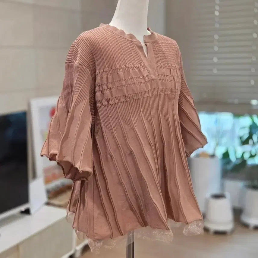[BUNJANG] System Knit Pink Ribbed Lace Detail / 한섬 시스템 니트