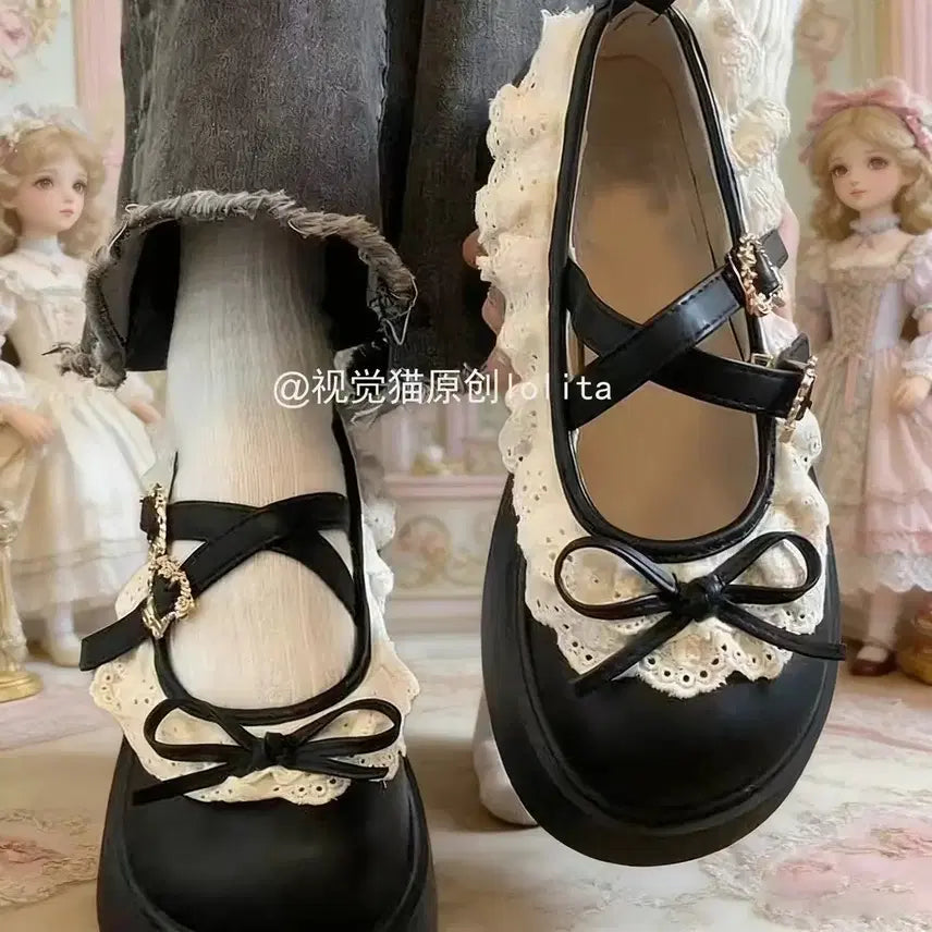 [BUNJANG] Black Ribbon Lace Lolita Platform Shoes / 리본 레이스 장식 로리타 구두 블랙
