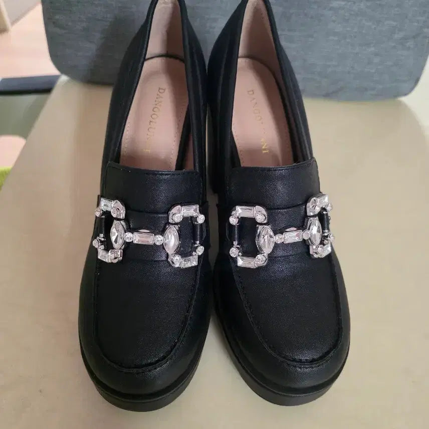 [BUNJANG] Black Cubic Loafer Heels (10cm) / 블랙 큐빅 로퍼힐 10cm