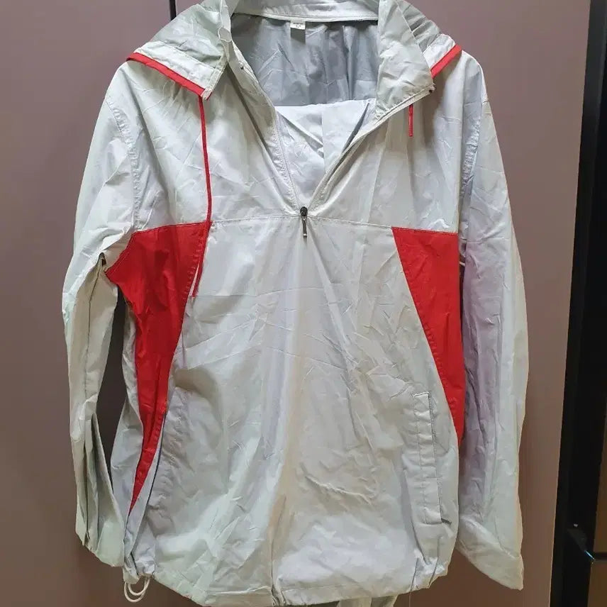 [BUNJANG] Colorblock Windbreaker Anorak Hoodie / 화이트/레드 배색 바람막이 땀복 아노락 후드