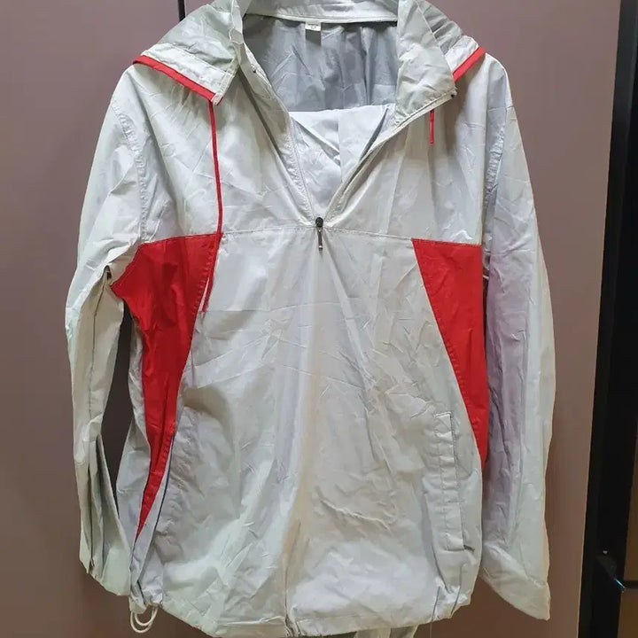 [BUNJANG] Colorblock Windbreaker Anorak Hoodie / 화이트/레드 배색 바람막이 땀복 아노락 후드