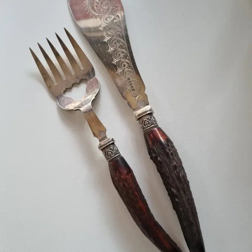 [BUNJANG] Antique Victorian Deer Antler Handle Fish Server Set / [할인상품]앤틱 빅토리안 사슴뿔 핸들 피쉬 서버 세트