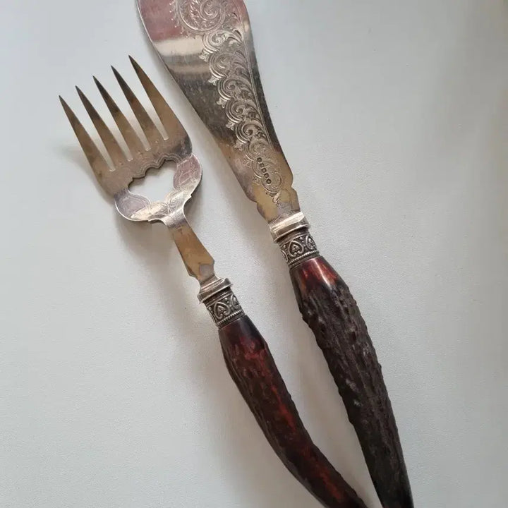 [BUNJANG] Antique Victorian Deer Antler Handle Fish Server Set / [할인상품]앤틱 빅토리안 사슴뿔 핸들 피쉬 서버 세트