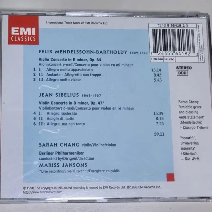 [BUNJANG] Sarah Chang Sibelius &amp; Mendelssohn Unsealed CD / 사라 장 / 시벨리우스 멘델스존 (개봉 CD)