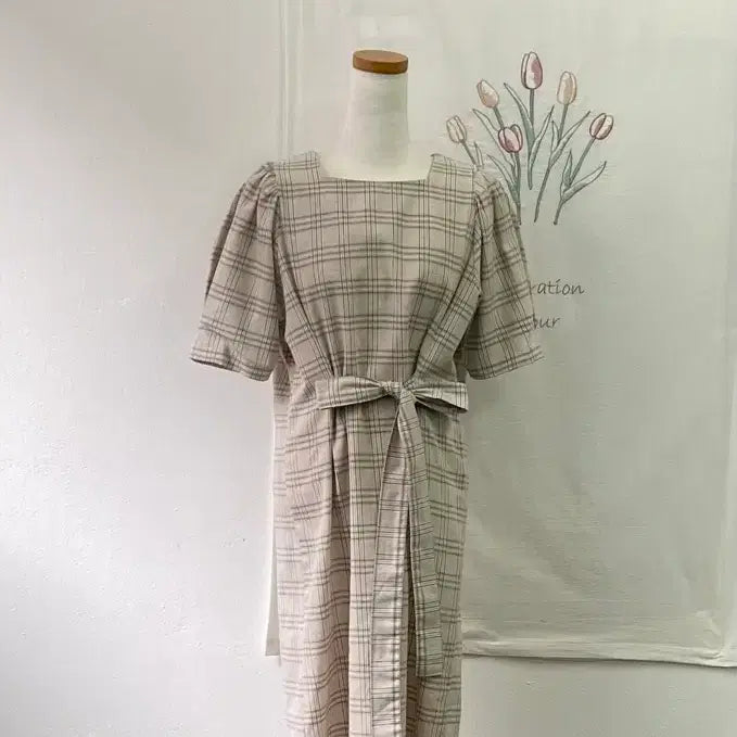 [BUNJANG] Check Pattern Ribbon Point Belt Long Dress / 체크 패턴 리본 포인트 벨트 롱 원피스
