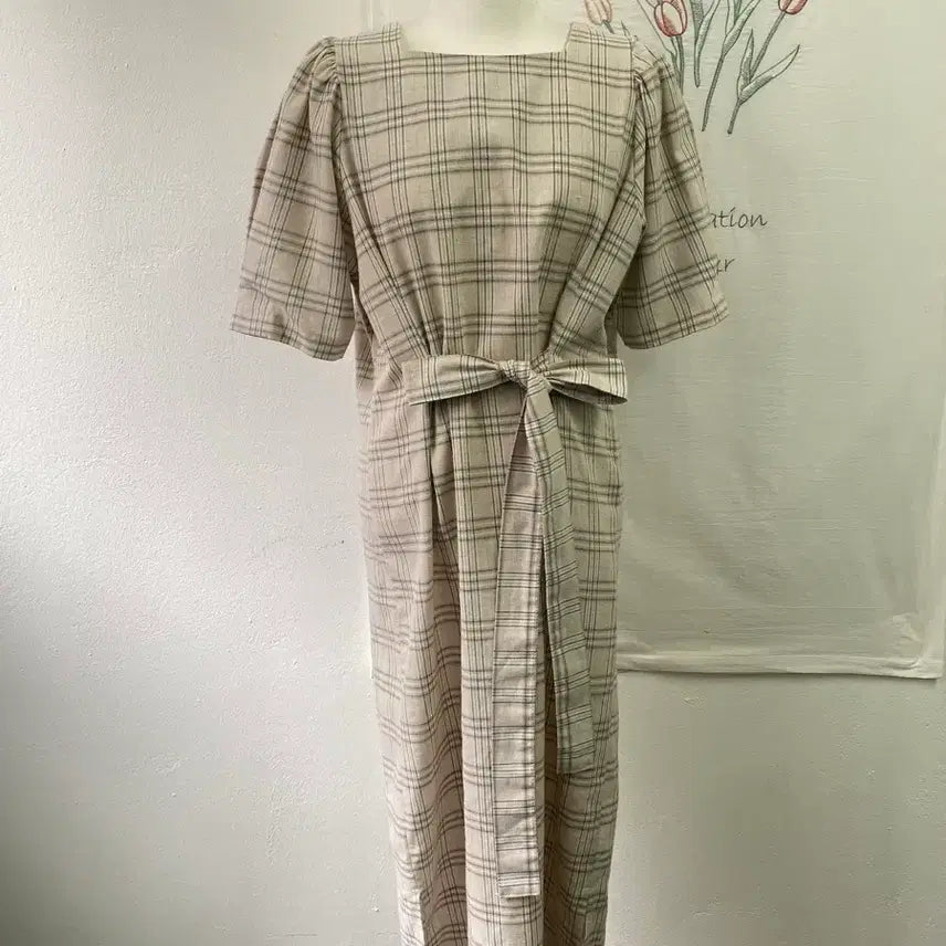 [BUNJANG] Check Pattern Ribbon Point Belt Long Dress / 체크 패턴 리본 포인트 벨트 롱 원피스