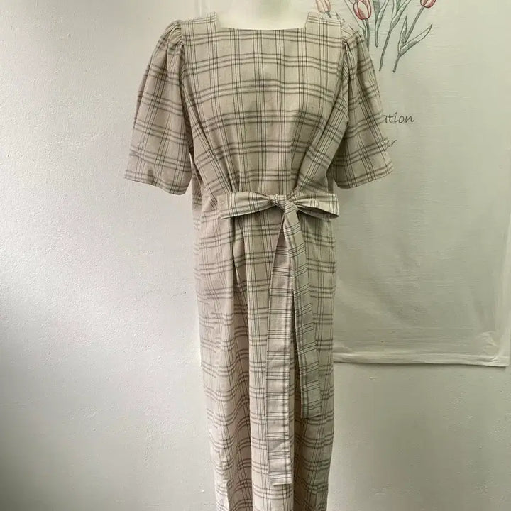 [BUNJANG] Check Pattern Ribbon Point Belt Long Dress / 체크 패턴 리본 포인트 벨트 롱 원피스