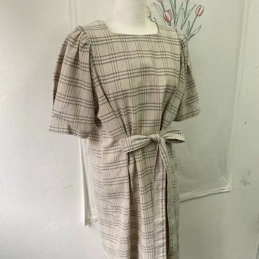 [BUNJANG] Check Pattern Ribbon Point Belt Long Dress / 체크 패턴 리본 포인트 벨트 롱 원피스