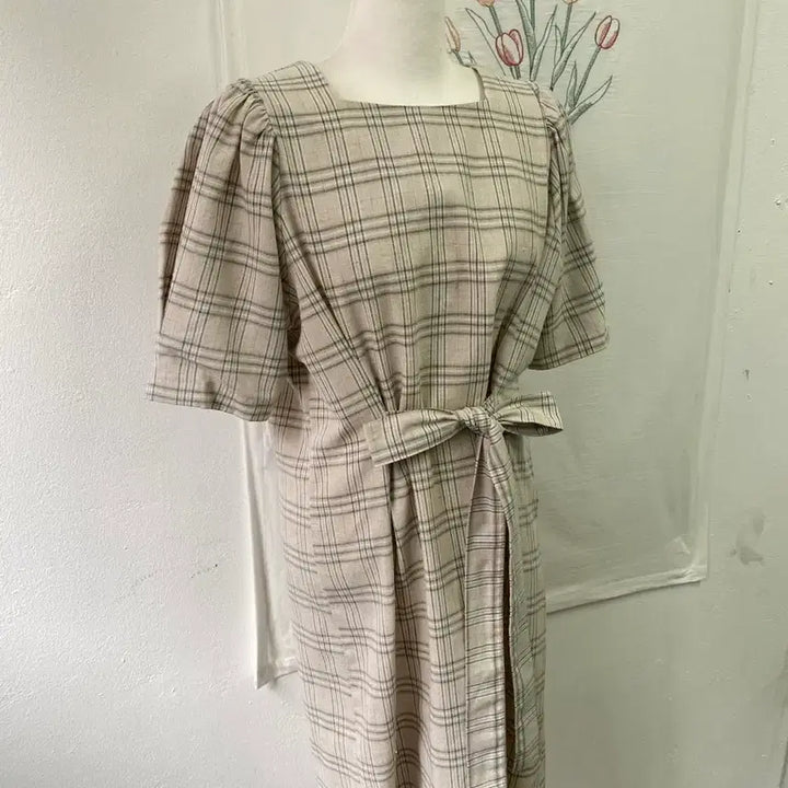 [BUNJANG] Check Pattern Ribbon Point Belt Long Dress / 체크 패턴 리본 포인트 벨트 롱 원피스