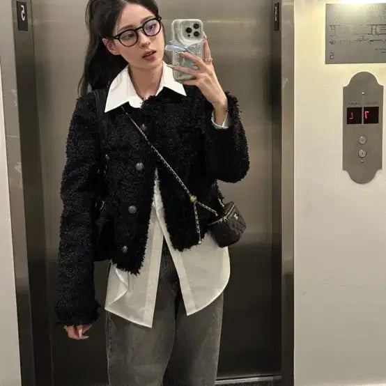 [BUNJANG] Khaki Point Crop Tweed Jacket Black / 카키포인트 크롭트위드 블랙