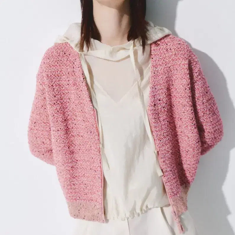 [BUNJANG] LATT Mélange Sequin Zip-Up Knit Cardigan Pink / 새상품)레뜨 LATT 멜란지 시퀸 집업 핑크 니트 가디건