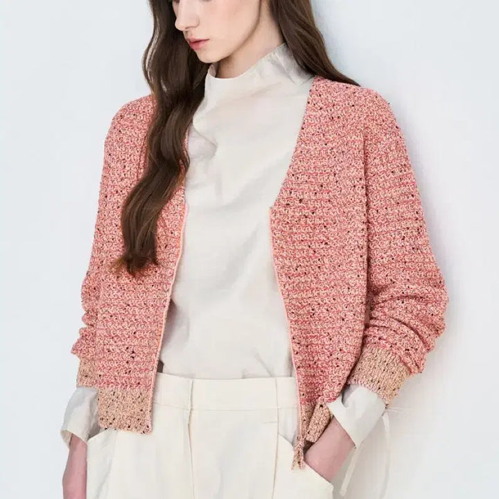 [BUNJANG] LATT Mélange Sequin Zip-Up Knit Cardigan Pink / 새상품)레뜨 LATT 멜란지 시퀸 집업 핑크 니트 가디건