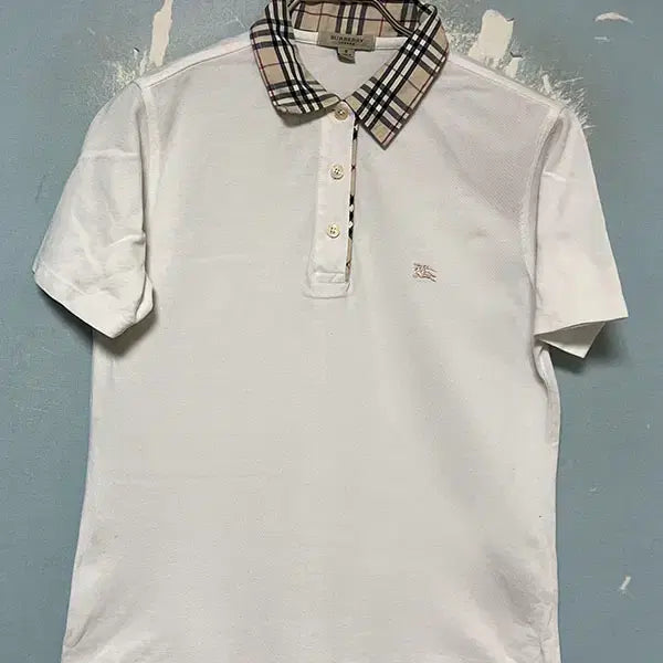 [BUNJANG] Burberry London Nova Check Collar Short Sleeve T-shirt White Solid S / 버버리 런던 노바체크 여자 카라넥 반팔티 화이트 솔리드 S 90 55
