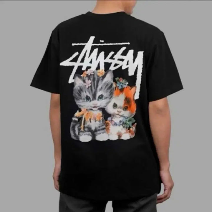 [BUNJANG] Stussy Cat Print Short Sleeve T-Shirt Black/White / 스투시 고양이 프린팅 반팔 티셔츠 블랙/화이트 미개봉 새상품