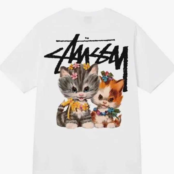 [BUNJANG] Stussy Cat Print Short Sleeve T-Shirt Black/White / 스투시 고양이 프린팅 반팔 티셔츠 블랙/화이트 미개봉 새상품