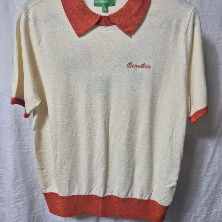 [BUNJANG] Benetton Short Sleeve Polo Knit (Ivory/Orange) / 베네통 반팔 카라 니트 아이보리 오렌지 배색