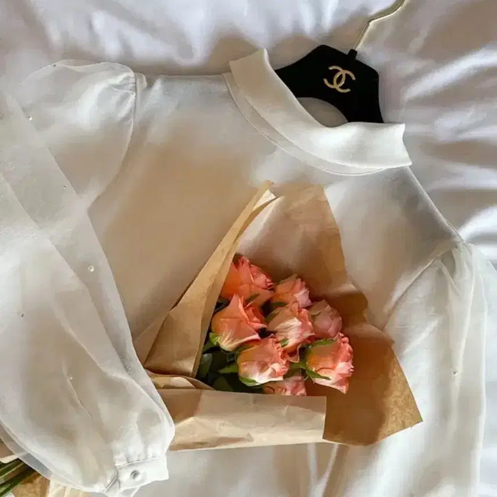 [BUNJANG] Aknyeo Diary Organza Pearl Puff Sleeve Blouse / 악녀일기 오간자 진주 퍼프 블라우스 새상품