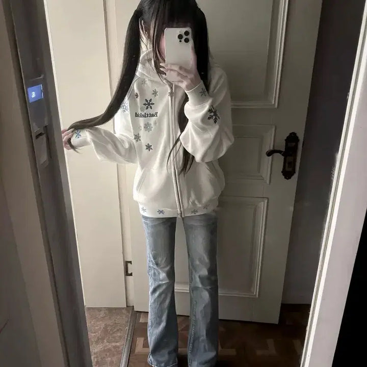 [BUNJANG] Subculture Snow Embroidery Oversized Zip-Up Hoodie / 서브컬처 스노우 자수 오버사이즈 집업 후드집업(2컬러)