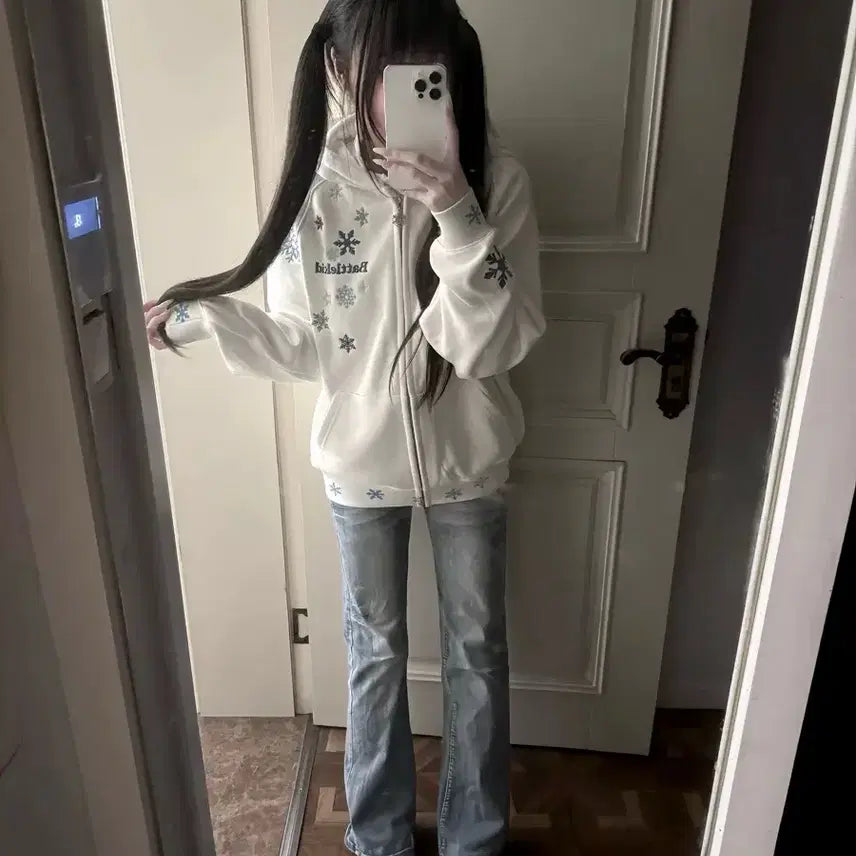 [BUNJANG] Subculture Snow Embroidery Oversized Zip-Up Hoodie / 서브컬처 스노우 자수 오버사이즈 집업 후드집업(2컬러)