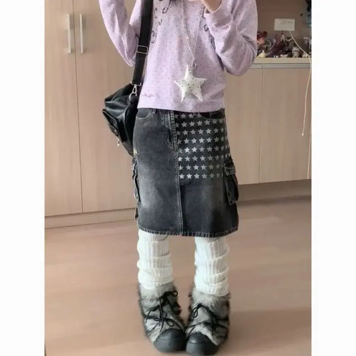 [BUNJANG] Subculture Star Print Washed Denim Skirt / 서브컬처 스타 프린트 워시드 데님 스커트