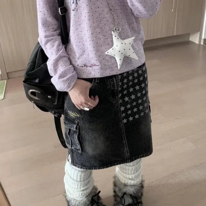 [BUNJANG] Subculture Star Print Washed Denim Skirt / 서브컬처 스타 프린트 워시드 데님 스커트