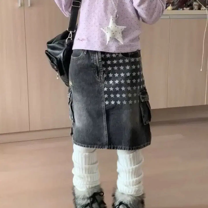 [BUNJANG] Subculture Star Print Washed Denim Skirt / 서브컬처 스타 프린트 워시드 데님 스커트