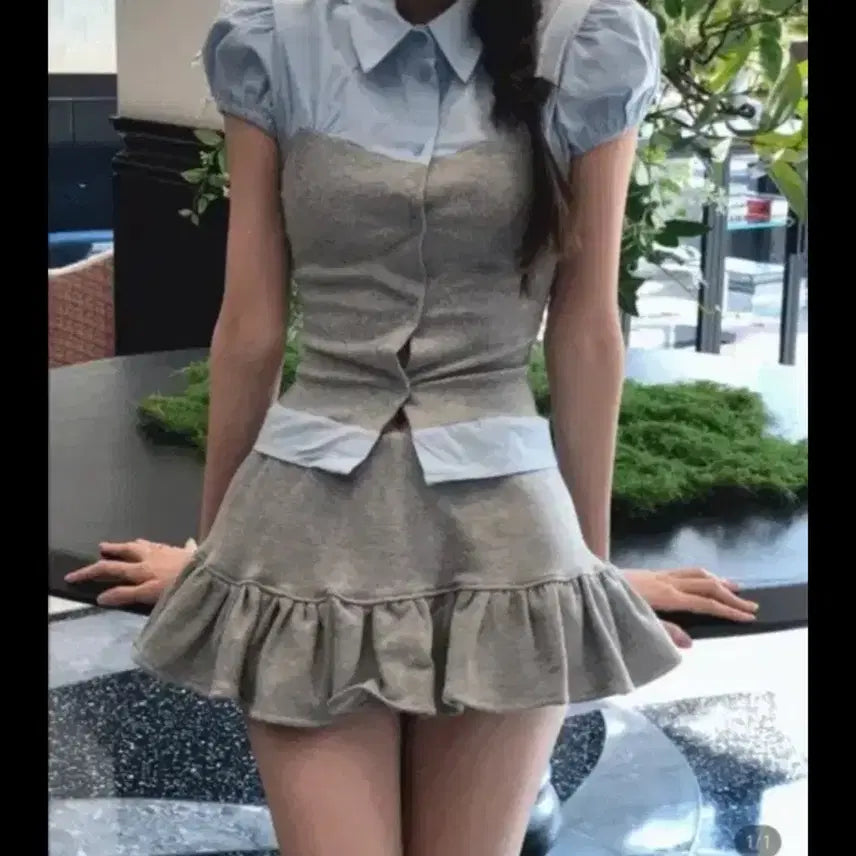 [BUNJANG] CloudeMotion Edit Layer &amp; Ribbed Two-Piece Set (S/M) / CloudeMotion 클라우드이모션 투피스 세트 에디트 레이어 앤 골지