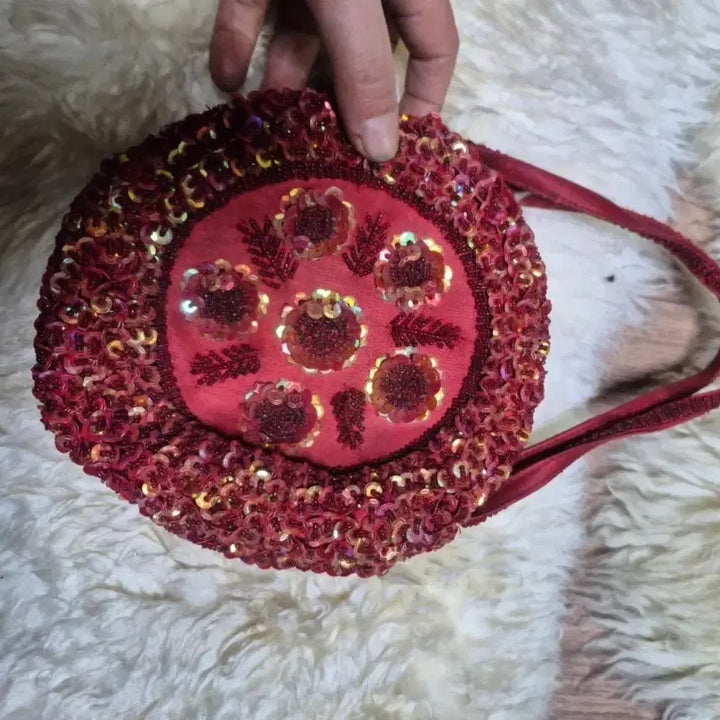 [BUNJANG] Red Sequin Floral Vintage Shoulder Bag / 레드 스팽글 꽃무늬 빈티지 가방 개당