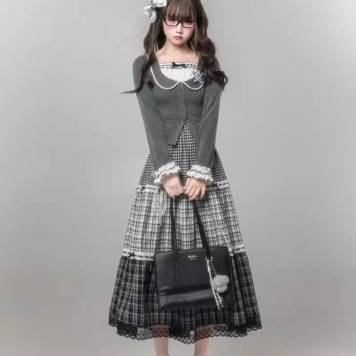 [BUNJANG] Vintage Lace Collar Two-Piece Top + Layered Check Long Skirt Set / 빈티지 레이스 칼라 가짜 투피스 상의 + 계층 체크 롱스커트 세트