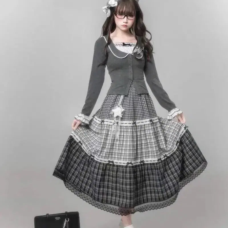 [BUNJANG] Vintage Lace Collar Two-Piece Top + Layered Check Long Skirt Set / 빈티지 레이스 칼라 가짜 투피스 상의 + 계층 체크 롱스커트 세트