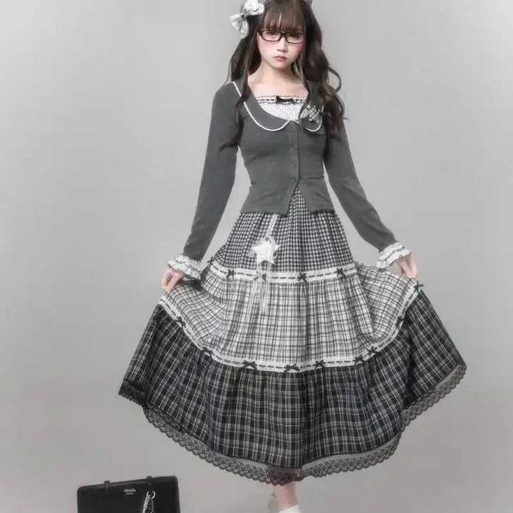 [BUNJANG] Vintage Lace Collar Two-Piece Top + Layered Check Long Skirt Set / 빈티지 레이스 칼라 가짜 투피스 상의 + 계층 체크 롱스커트 세트