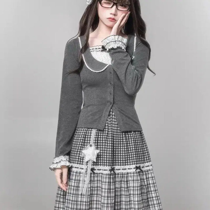 [BUNJANG] Vintage Lace Collar Two-Piece Top + Layered Check Long Skirt Set / 빈티지 레이스 칼라 가짜 투피스 상의 + 계층 체크 롱스커트 세트