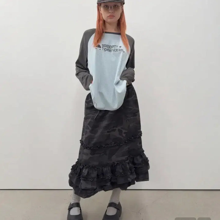 [BUNJANG] Type Service Camo Volume Skirt Charcoal / 타입서비스 카모 볼륨 스커트