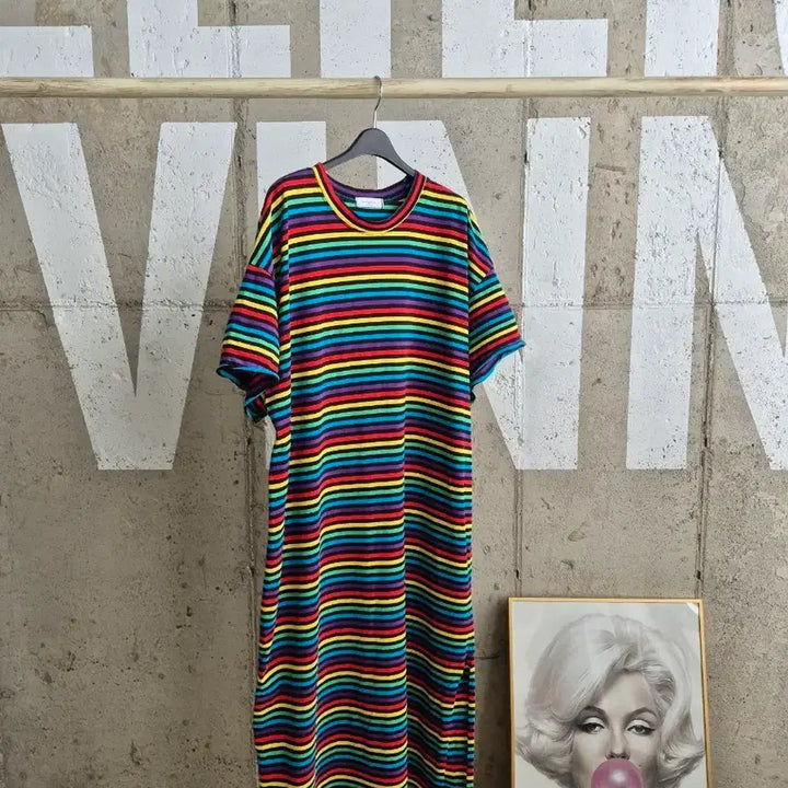 [BUNJANG] Rainbow Stripe Short-Sleeve Long Dress / 꾸안꾸 무지개 스트라이프 반팔 롱 원피스(TS2