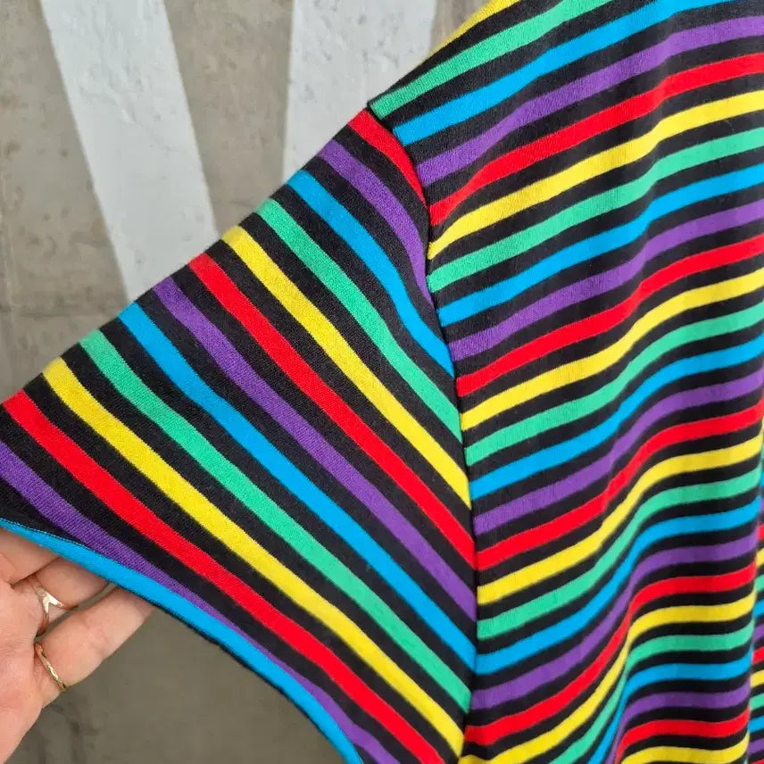 [BUNJANG] Rainbow Stripe Short-Sleeve Long Dress / 꾸안꾸 무지개 스트라이프 반팔 롱 원피스(TS2