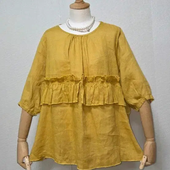 [BUNJANG] Mustard Linen Frill Blouse / 머스타드 린넨 프릴 블라우스